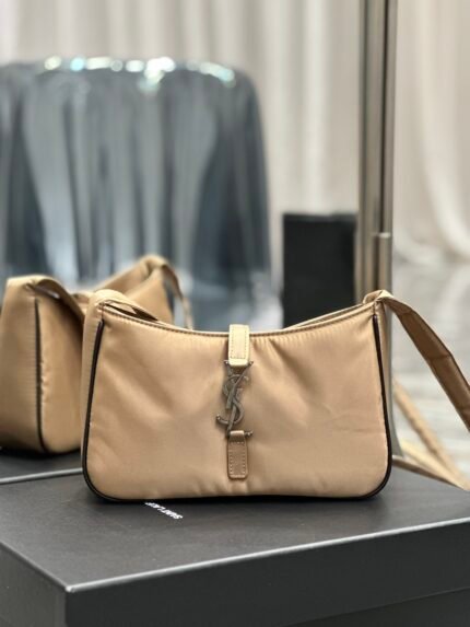 Saint Laurent 10A Handbag Shoulder Bag Top Mirror Quality Version Apricot Silver Buckle with Black Trim Nylon