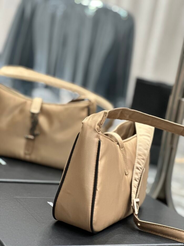 Saint Laurent 10A Handbag Shoulder Bag Top Mirror Quality Version Apricot Silver Buckle with Black Trim Nylon - Image 8