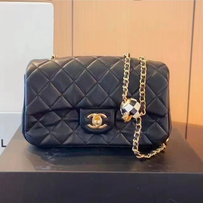 Chanel Lambskin Quilted Enamel CC Pearl Crush Mini Flap Black Shoulder Bag - Image 4