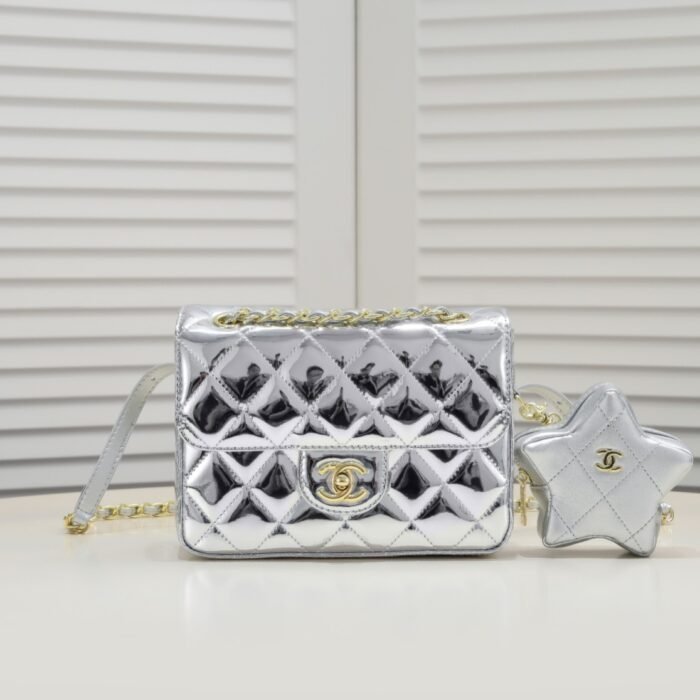 ⁦Chanel 24c CF Stars Bag Patent Leather Silver Shoulder Bag Handbag⁩ - الصورة ⁦1⁩