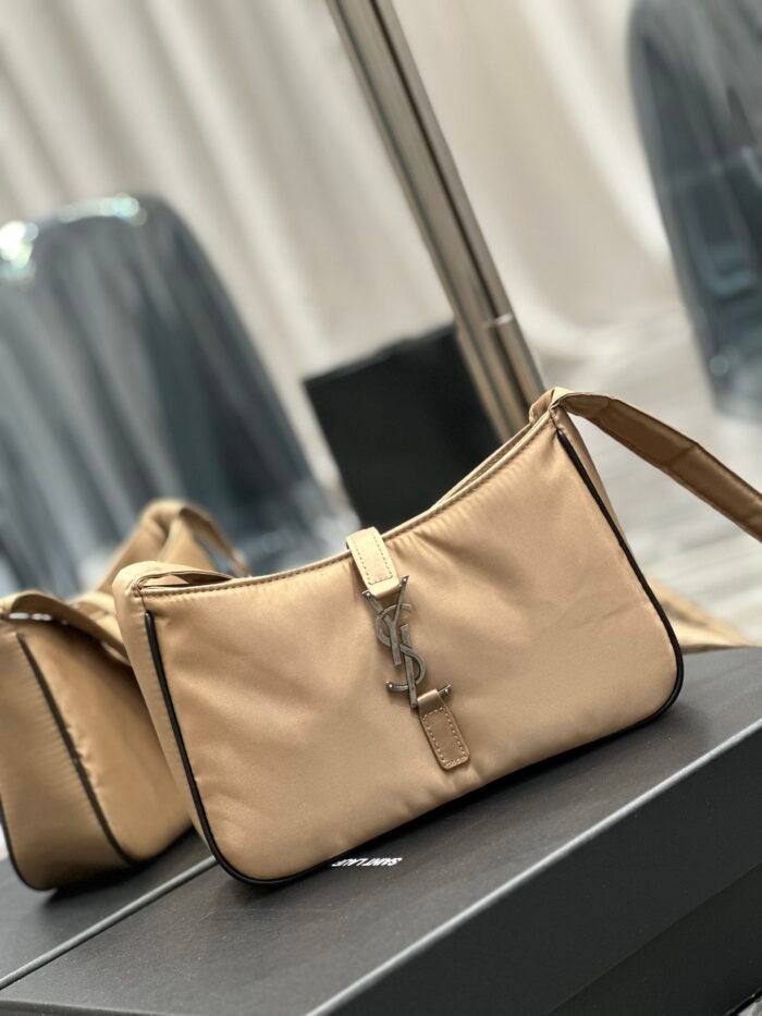 Saint Laurent 10A Handbag Shoulder Bag Top Mirror Quality Version Apricot Silver Buckle with Black Trim Nylon - Image 2