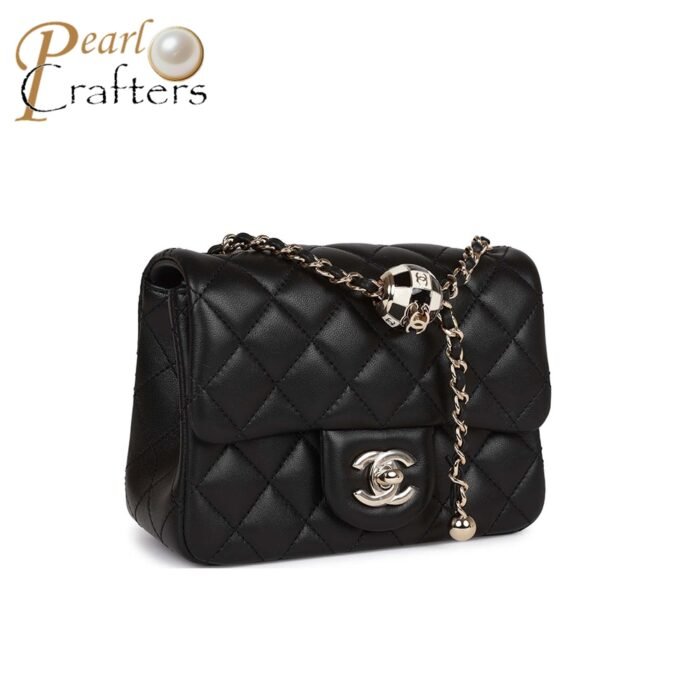Chanel Lambskin Quilted Enamel CC Pearl Crush Mini Flap Black Shoulder Bag - Image 3