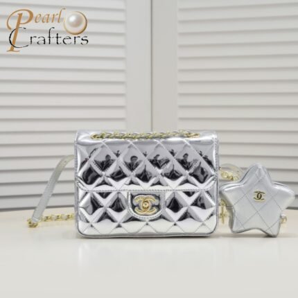 Chanel 24c CF Stars Bag Patent Leather Silver Shoulder Bag Handbag
