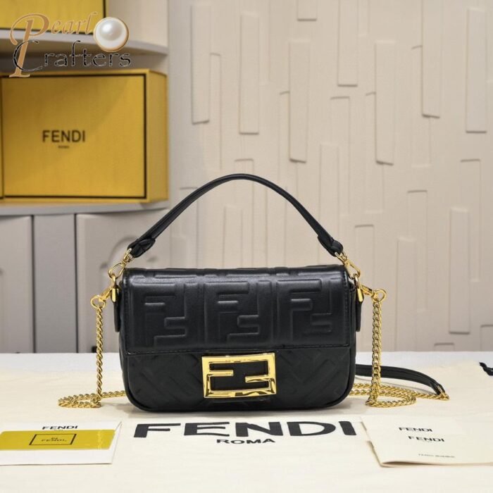 Fendi Baguette Mini Black nappa leather bag with FF motif Shoulder Crossbody Bag - Image 1
